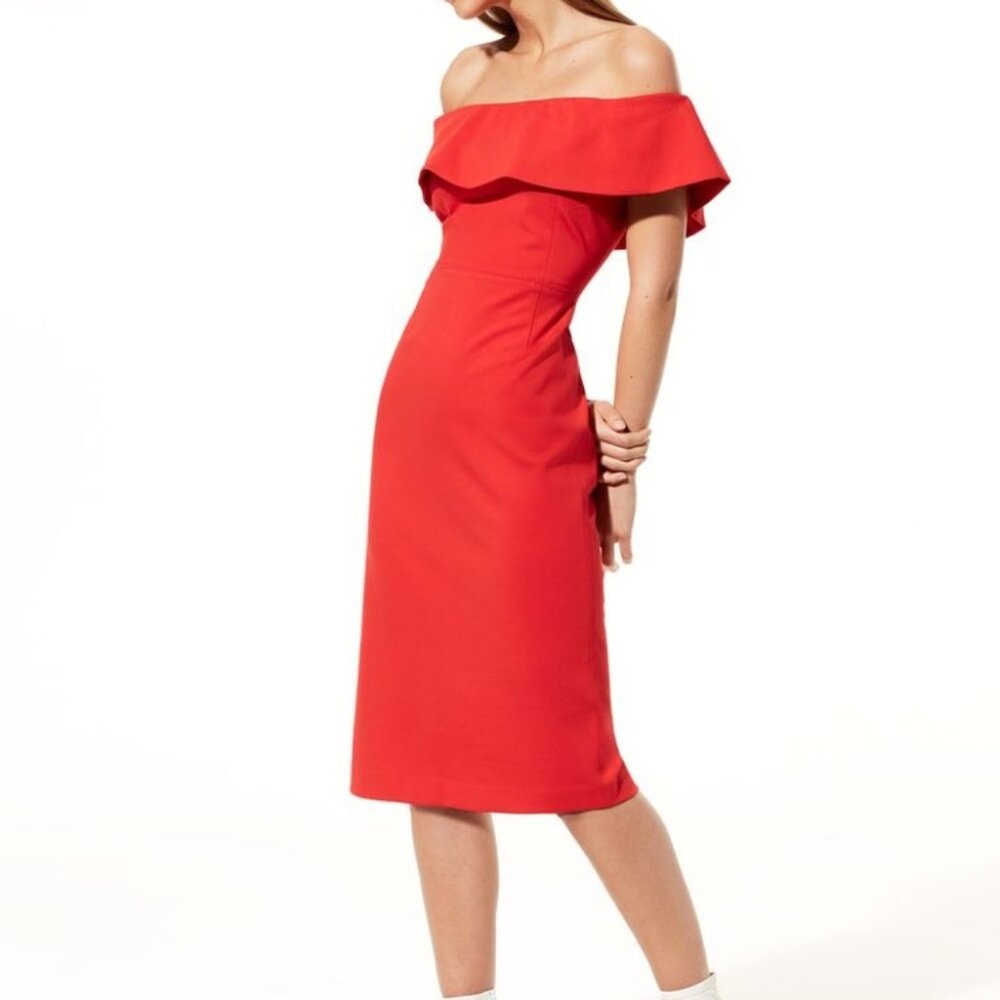 Aritzia Babaton Ruslan orange dress, off the shoulder midi dress